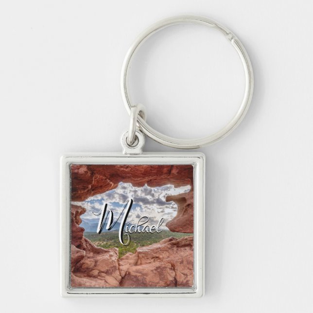 Pikes Peak Through A Rock Hole Square Keychain (Front)