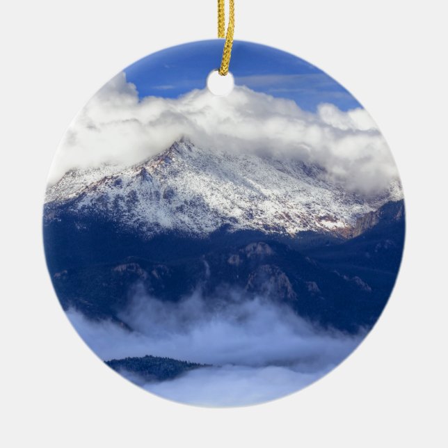 Pikes Peak with Fresh Snowfall and Clouds Ceramic Ornament (Front)