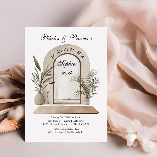 Pilates and Prosecco Wellness Themed Birthday Invitation (Pilates & Prosecco Invitation - bubbly and wellness activity, perfect for birthday, bridal shower ..)