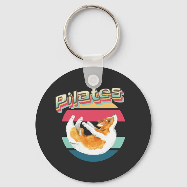 Pilates Corgi on Retro Sunset Keychain (Front)