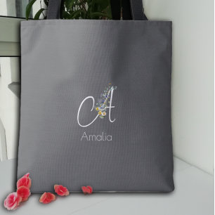 Pilates lover  Floral monogram watercolor  black Tote Bag