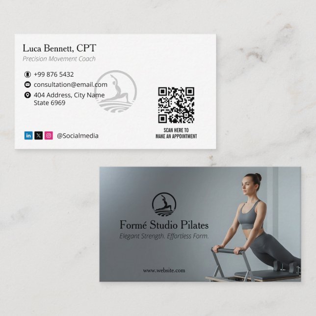 Pilates Studio Business | Modern Grey Barcode Business Card (Front/Back)