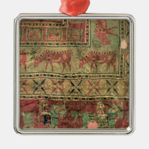 Pile carpet depicting horses and riders metal ornament