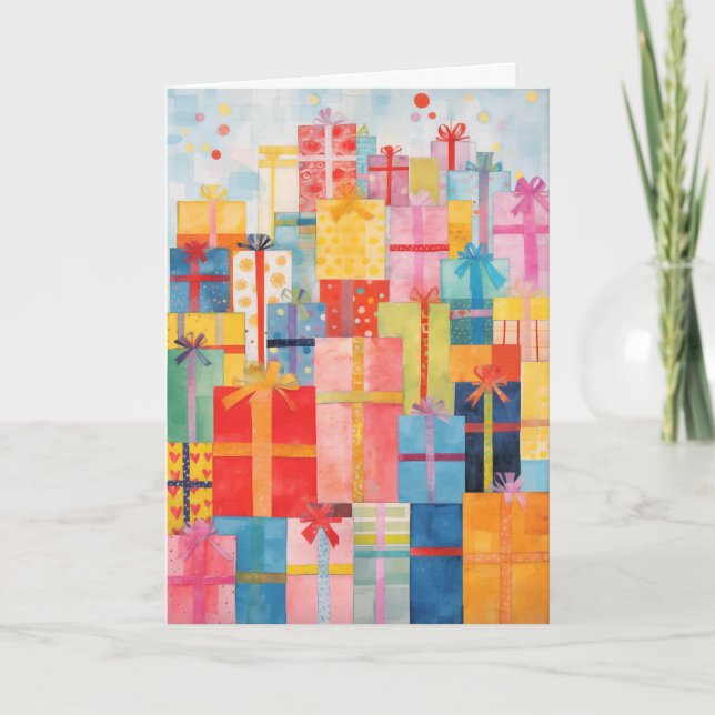 Pile de cadeaux enroulés Carte de Noël (Devant)