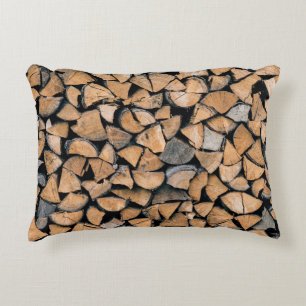 Pile of brown firewood accent pillow