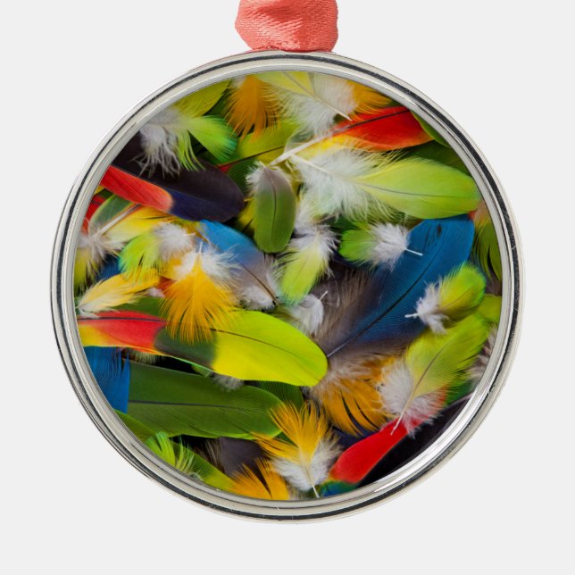 Pile of colourful feathers metal ornament (Front)