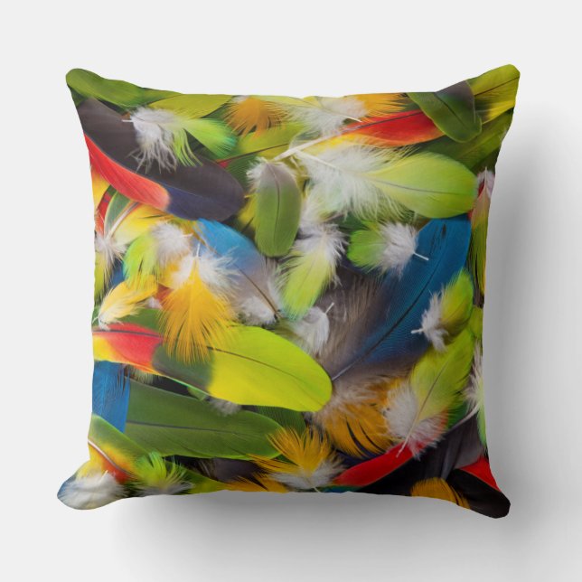 Pile of colourful feathers throw pillow (Front)