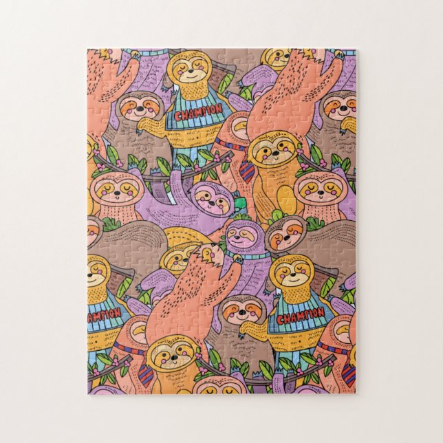 Pile of Cute Cartoon Sloths! Challenging Jigsaw Puzzle (Vertical)