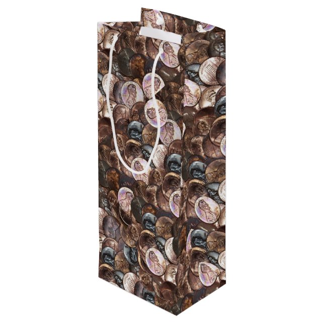 Pile of Pennies - One Cent Penny Spread Background Wine Gift Bag (Back Angled)