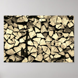 Pile of stacked firewood prepared for fireplace . poster