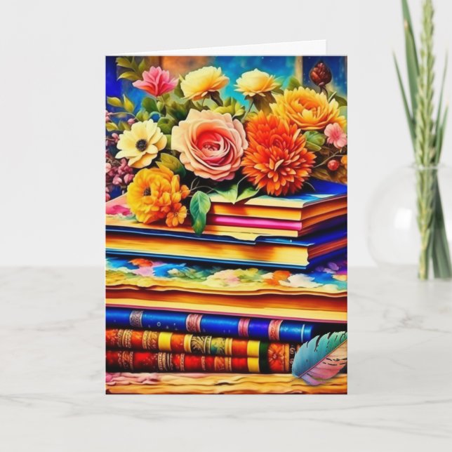 Pile of Vintage Books and Flowers Birthday Card (Front)