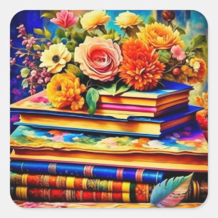 Pile of Vintage Books and Flowers Square Sticker