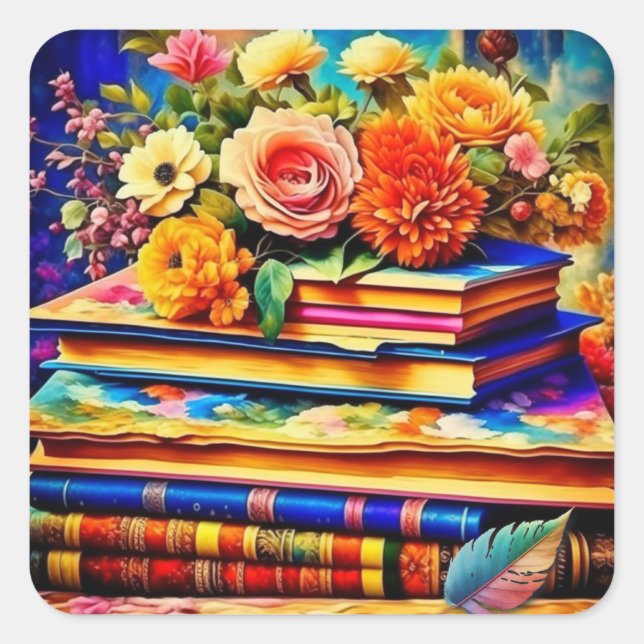 Pile of Vintage Books and Flowers Square Sticker (Front)