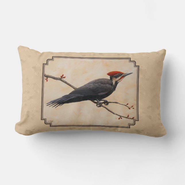 Pileated Woodpecker Tan Lumbar Pillow (Front)
