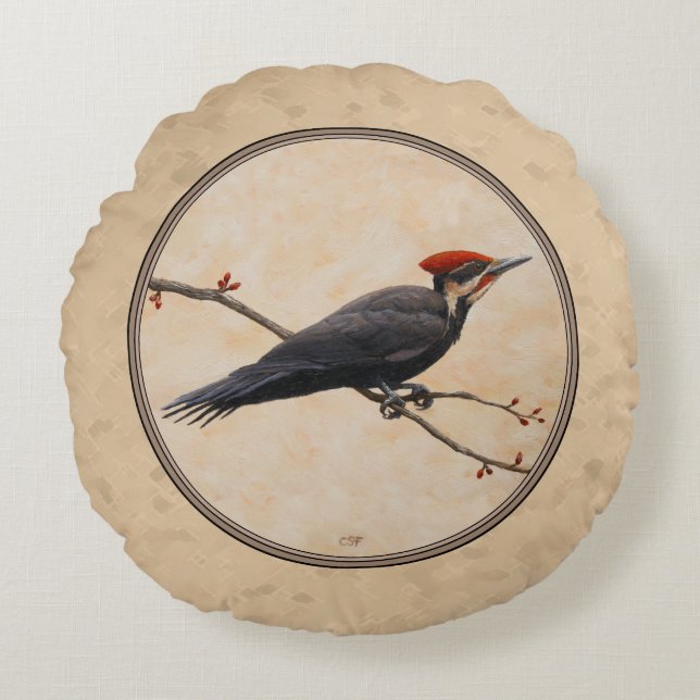 Pileated Woodpecker Tan Round Pillow (Front)