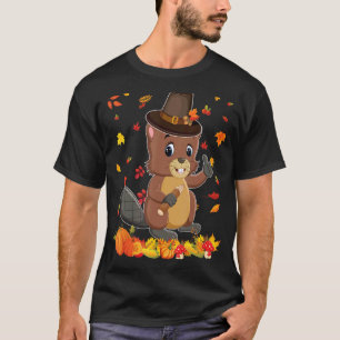 Pilgrim Beaver Happy Thanksgiving Thankful Pumpkin T-Shirt