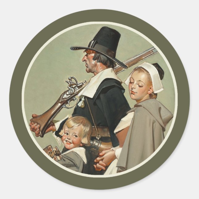 Pilgrim Family. Vintage Art Thanksgiving  Classic Round Sticker (Front)
