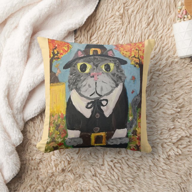 Pilgrim Folk Art Thanksgiving Cats Double Side Throw Pillow (Blanket)