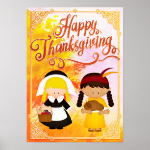 Pilgrim Girl & Native Girl - Happy Thanksgiving Poster