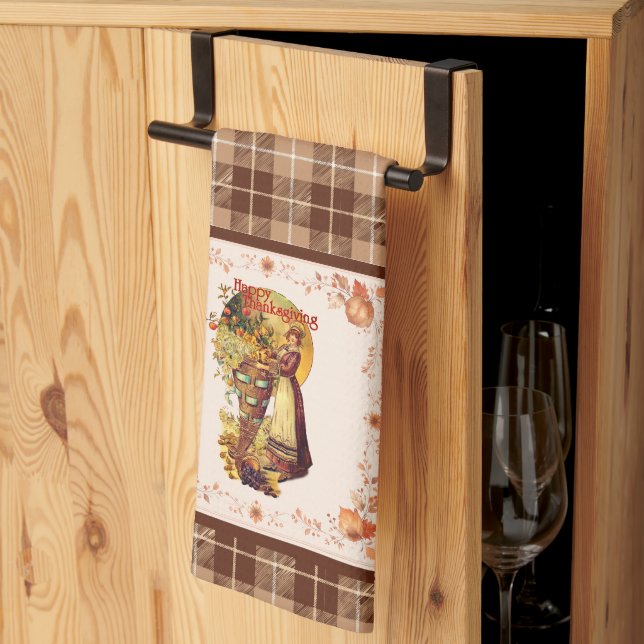 Pilgrim Girl on Plaid Thanksgiving Kitchen Towel (Thirds Fold)