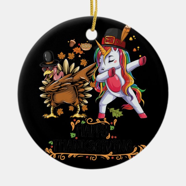 Pilgrim Hat Turkey Unicorn Dabbing Thanksgiving Ceramic Ornament (Front)