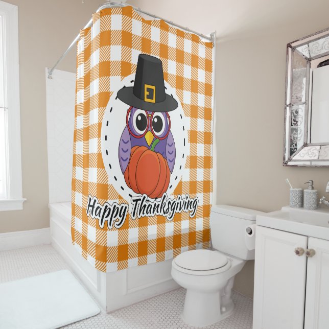 Pilgrim Owl on Orange Plaid - Happy Thanksgiving (In Situ)