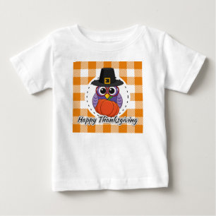 Pilgrim Owl on Orange Plaid - Happy Thanksgiving Baby T-Shirt