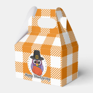 Pilgrim Owl on Orange Plaid - Happy Thanksgiving Favor Box