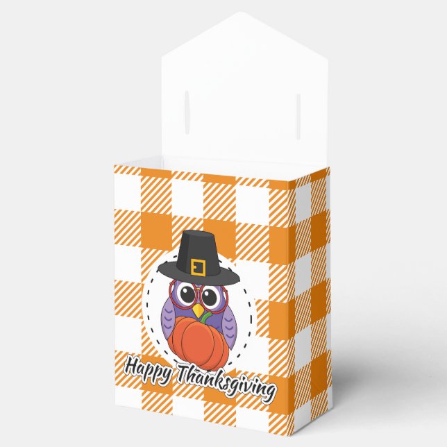 Pilgrim Owl on Orange Plaid - Happy Thanksgiving Favor Box (Opened)