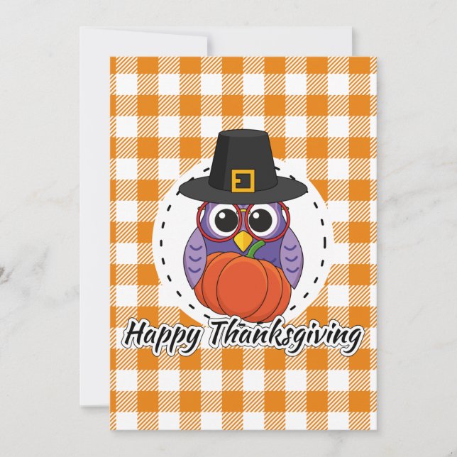 Pilgrim Owl on Orange Plaid - Happy Thanksgiving Holiday Card (Front)
