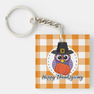 Pilgrim Owl on Orange Plaid - Happy Thanksgiving Keychain