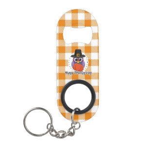 Pilgrim Owl on Orange Plaid - Happy Thanksgiving Keychain Bottle Opener