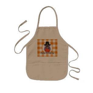 Pilgrim Owl on Orange Plaid - Happy Thanksgiving Kids Apron