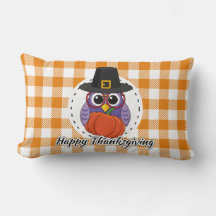 Pilgrim Owl on Orange Plaid - Happy Thanksgiving Lumbar Pillow