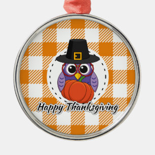 Pilgrim Owl on Orange Plaid - Happy Thanksgiving Metal Ornament
