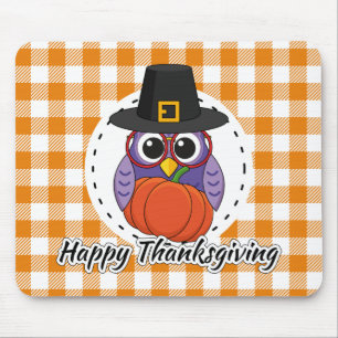 Pilgrim Owl on Orange Plaid - Happy Thanksgiving Mouse Pad