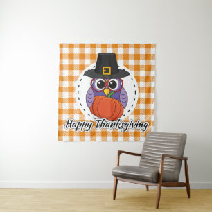Pilgrim Owl on Orange Plaid - Happy Thanksgiving Tapestry
