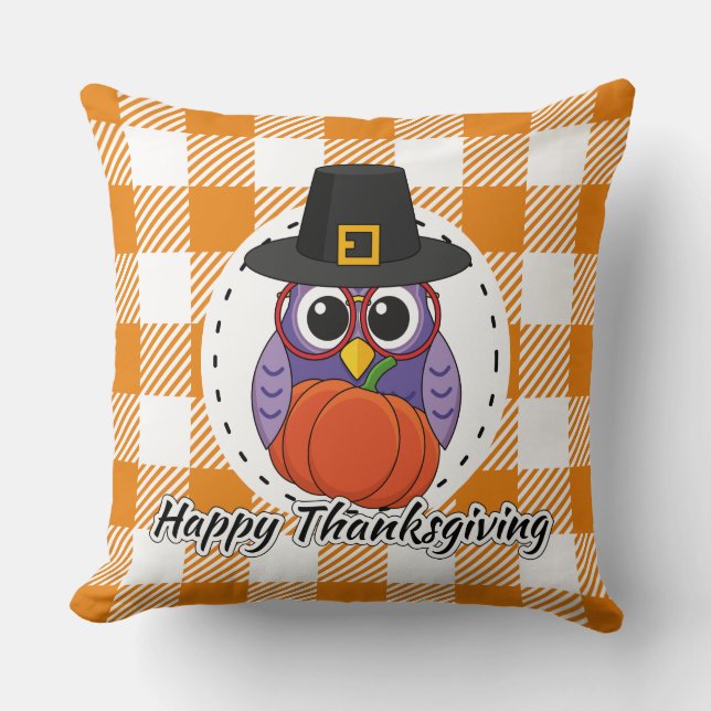 Pilgrim Owl on Orange Plaid - Happy Thanksgiving Throw Pillow (Front)