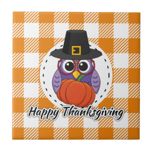 Pilgrim Owl on Orange Plaid - Happy Thanksgiving Tile
