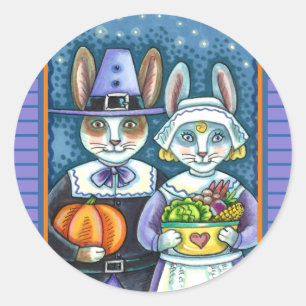PILGRIM RABBITS, THANKSGIVING HARE'S HARVEST, CUTE CLASSIC ROUND STICKER
