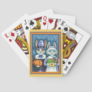 PILGRIM RABBITS, THANKSGIVING HARE'S HARVEST, CUTE PLAYING CARDS