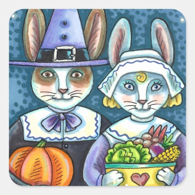 PILGRIM RABBITS, THANKSGIVING HARE'S HARVEST, CUTE SQUARE STICKER (Front)