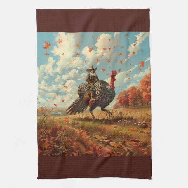 Pilgrim Rides Turkey Kitchen Towel (Vertical)