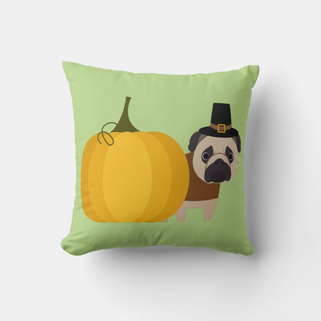 Pilgrim Thanksgiving Pug Throw Pillow (Front)