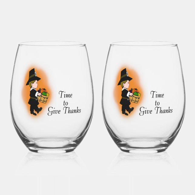 Pilgrim Time to Give Thanks  Stemless Wine Glass (Front)
