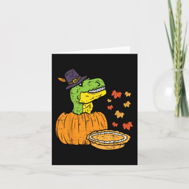 Pilgrim Trex Dinosaur Pumpkin Pie Thanksgiving Kid Card (Front)