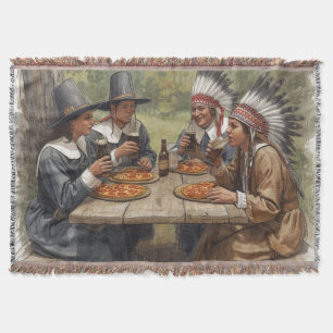 Pilgrims and Indians Pepperoni Pizza Dark Beer Throw Blanket