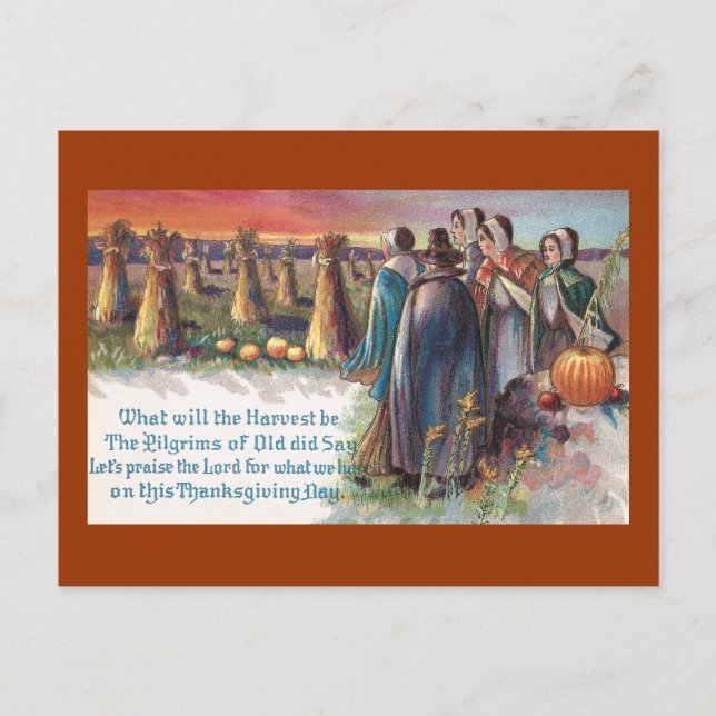 Pilgrims and Pumpkins Vintage Thanksgiving Holiday Postcard (Front)