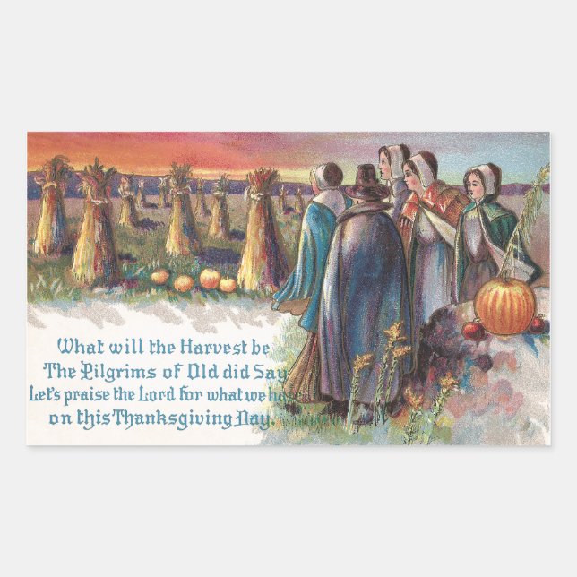 Pilgrims and Pumpkins Vintage Thanksgiving Sticker (Front)