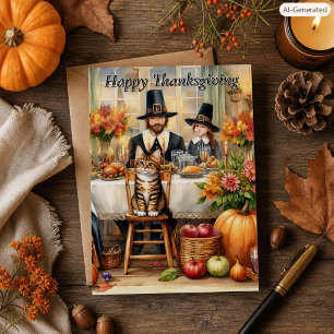 Pilgrims and Their Cat Happy Thanksgiving Greeting Holiday Card